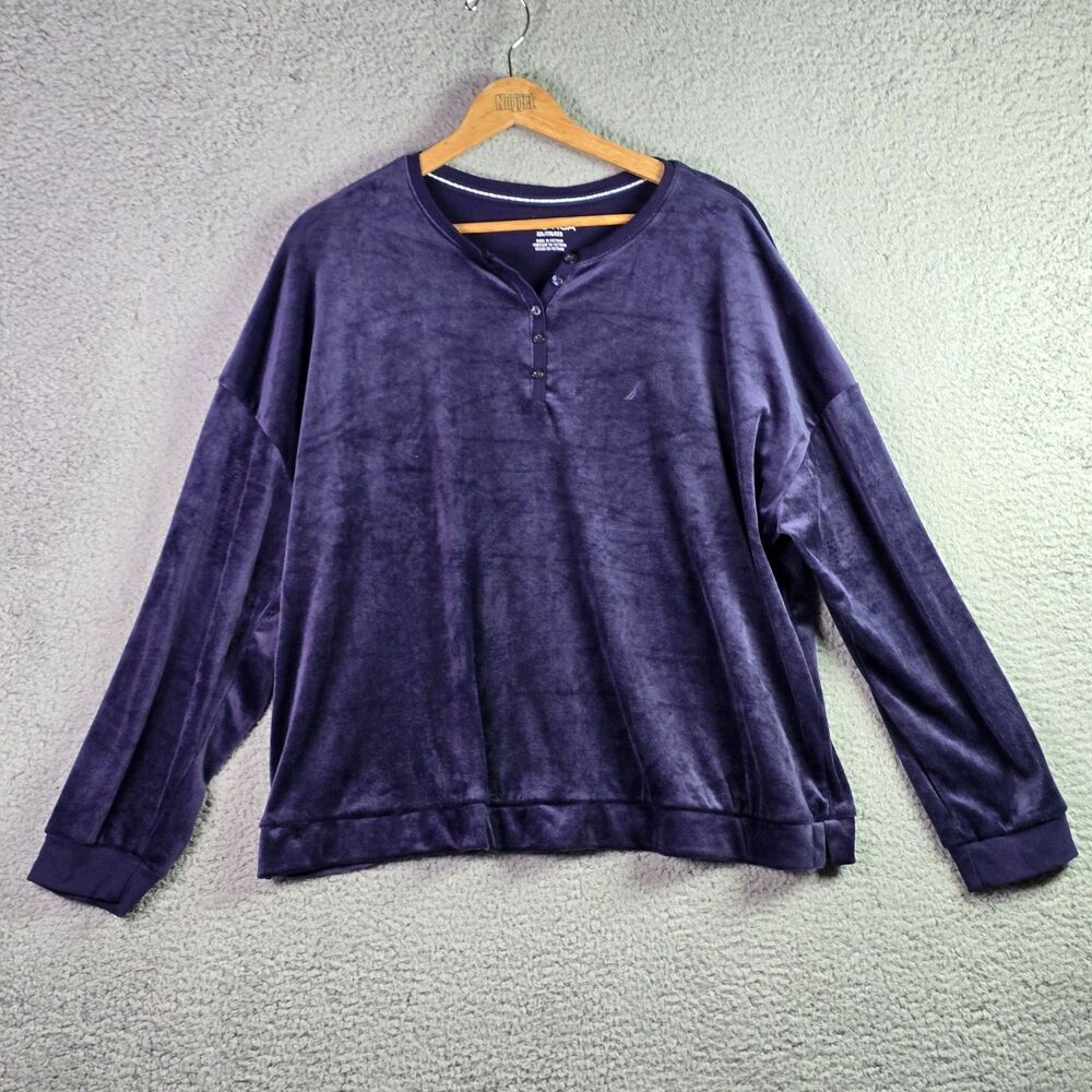 Nautica Silky Fleece Henley XL Blue Plush Cozy Pullover Lounge Soft Embroidered